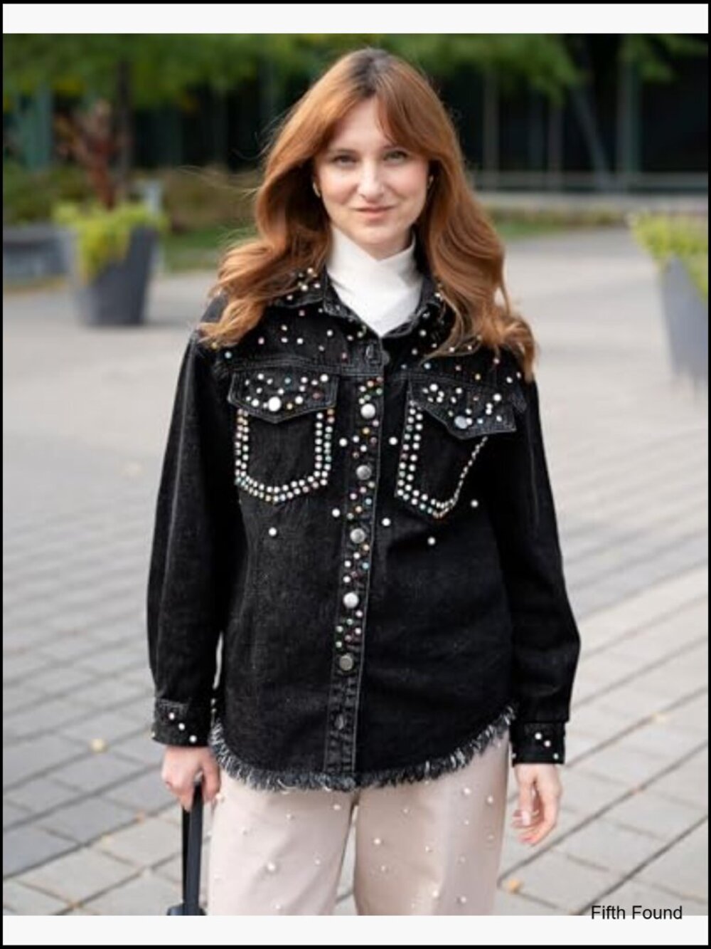 Oversized Rhinestones Pearls Embellished Denim Jacket with Frayed Hem - Picture 6 of 7